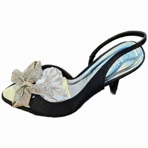 NWT OPEN TOE SLINGBACK STILETTO PUMPS WITH RHINESTONE BOW: BLACK SIZE 8.5!